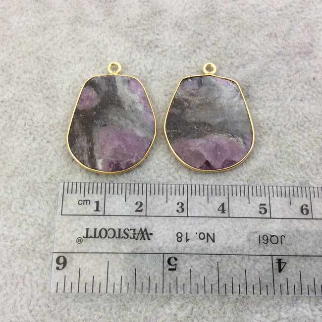 One Pair of OOAK Gold Finish Faceted Ruby in Feldspar Freeform Shaped Bezel Pendants "RP5"- Measuring 22mm x 26mm - Natural Gemstone