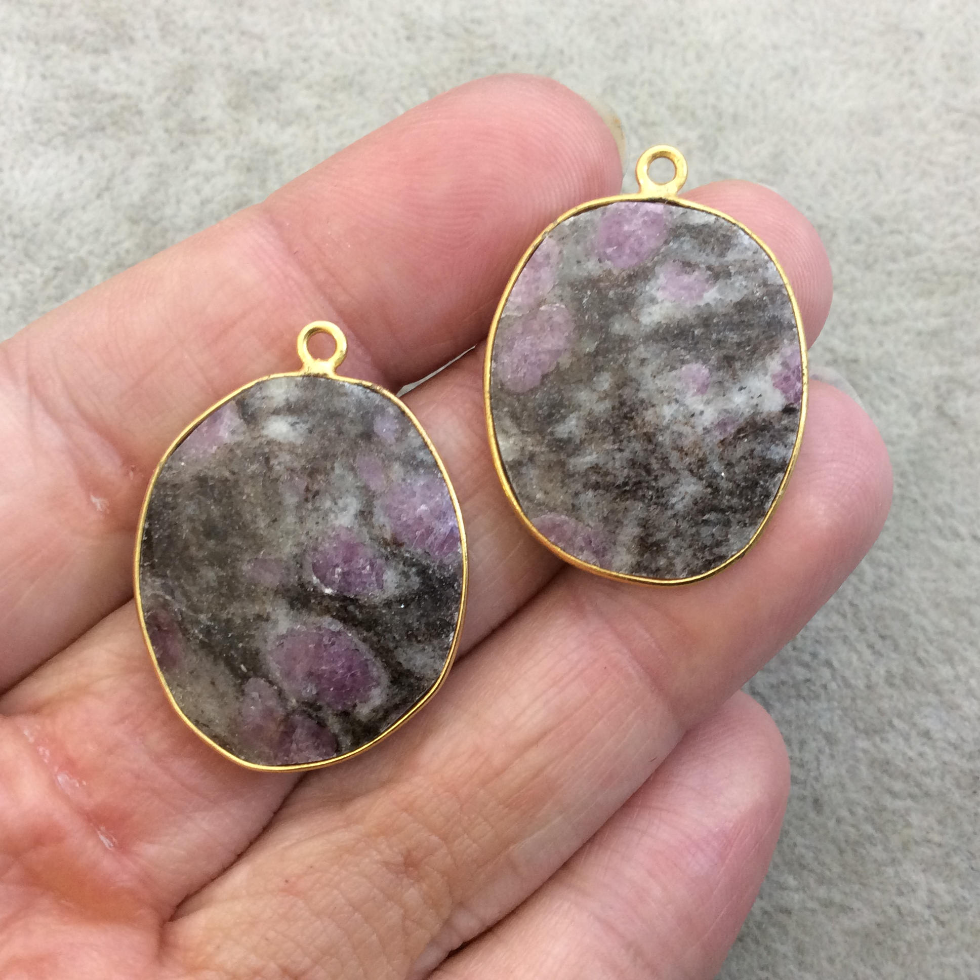 One Pair of OOAK Gold Finish Faceted Ruby in Feldspar Freeform Shaped Bezel Pendants "RP15"- Measuring 23mm x 27mm - Natural Gemstone