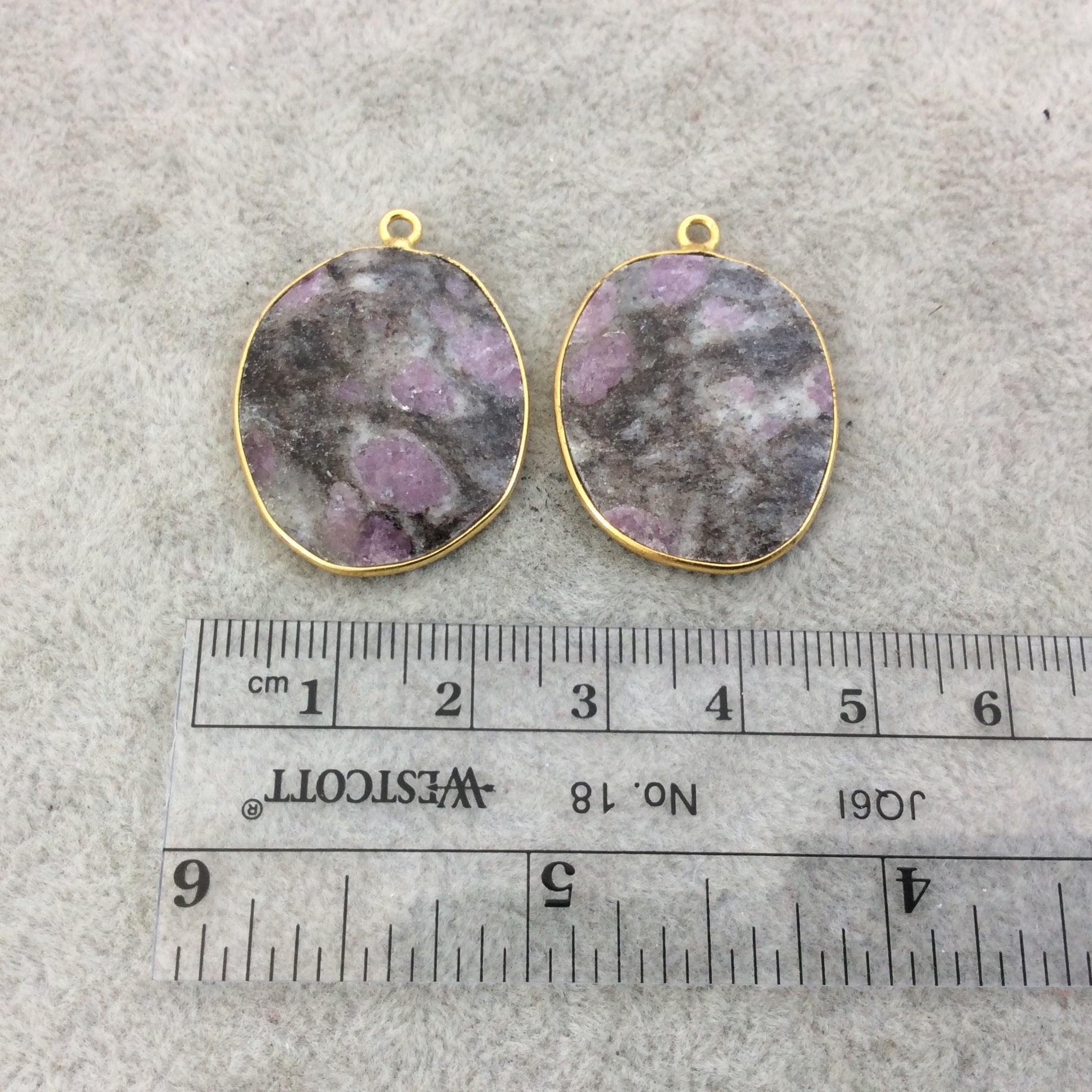 One Pair of OOAK Gold Finish Faceted Ruby in Feldspar Freeform Shaped Bezel Pendants "RP15"- Measuring 23mm x 27mm - Natural Gemstone