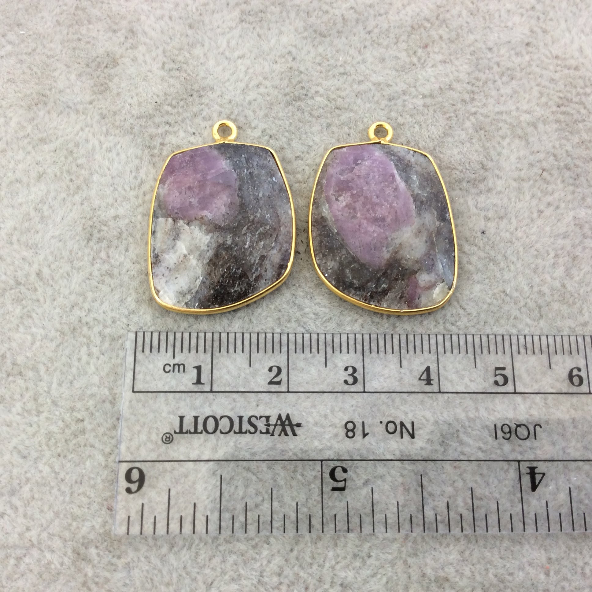 One Pair of OOAK Gold Finish Faceted Ruby in Feldspar Freeform Shaped Bezel Pendants "RP6"- Measuring 20mm x 24mm - Natural Gemstone