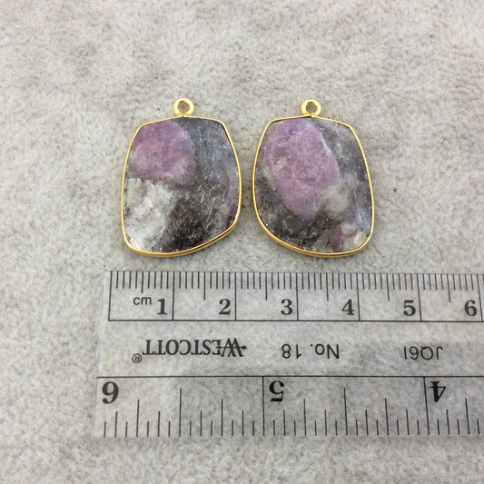 One Pair of OOAK Gold Finish Faceted Ruby in Feldspar Freeform Shaped Bezel Pendants "RP6"- Measuring 20mm x 24mm - Natural Gemstone