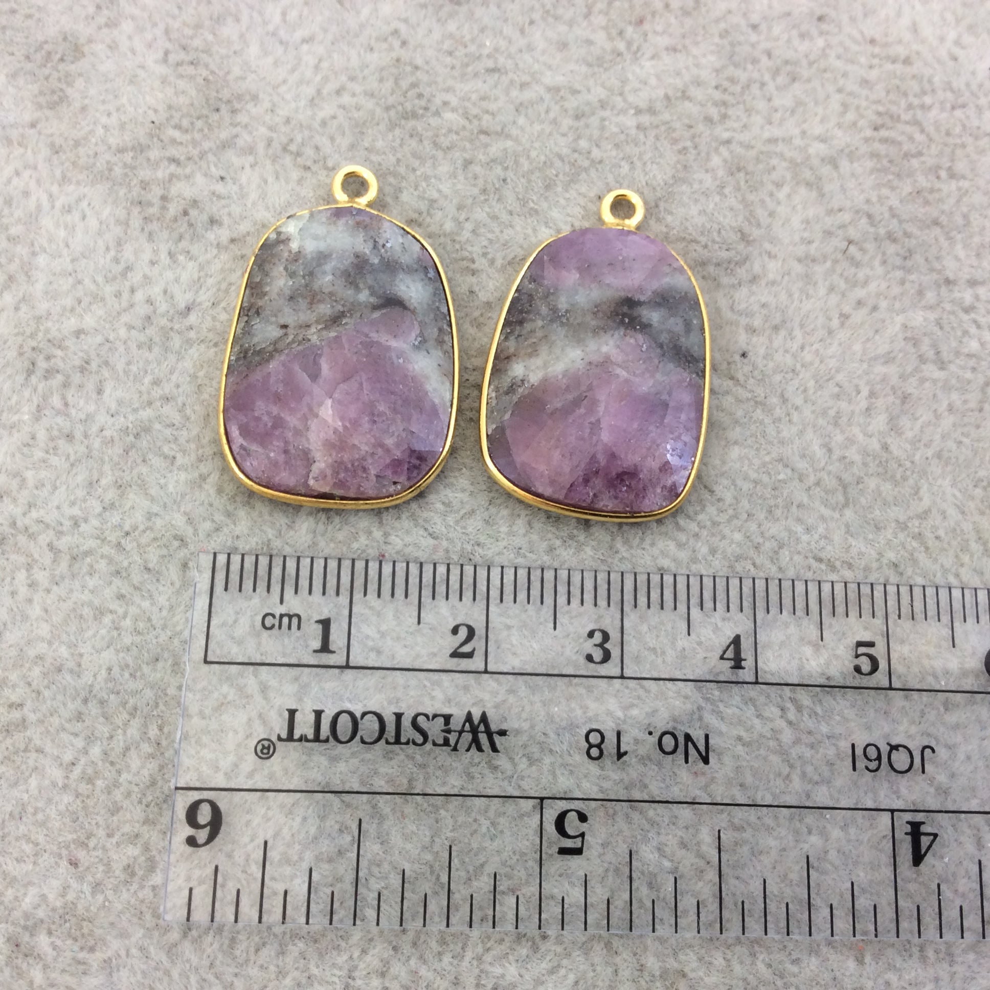 One Pair of OOAK Gold Finish Faceted Ruby in Feldspar Freeform Shaped Bezel Pendants "RP9"- Measuring 17mm x 23mm - Natural Gemstone