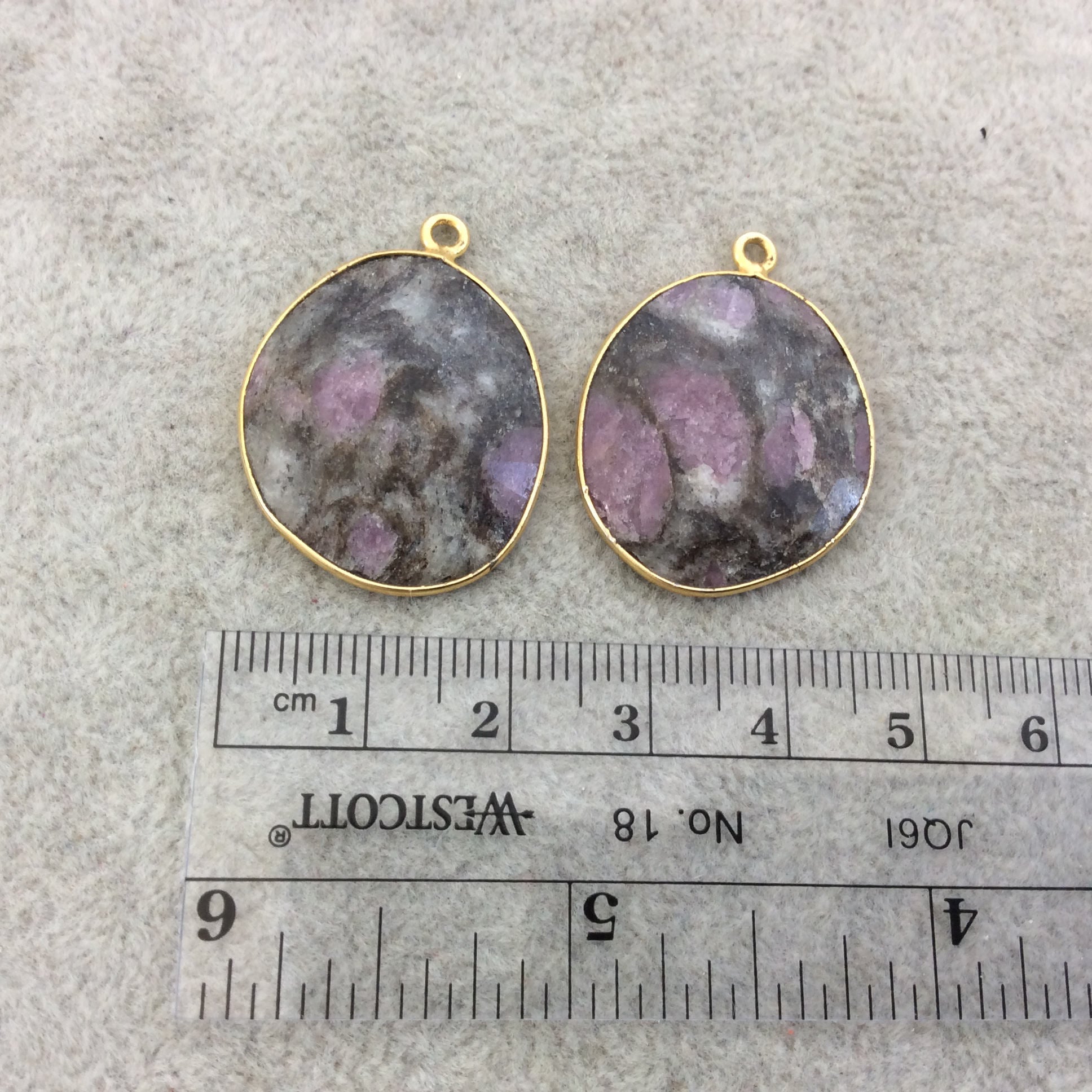 One Pair of OOAK Gold Finish Faceted Ruby in Feldspar Freeform Shaped Bezel Pendants "RP11"- Measuring 22mm x 26mm - Natural Gemstone