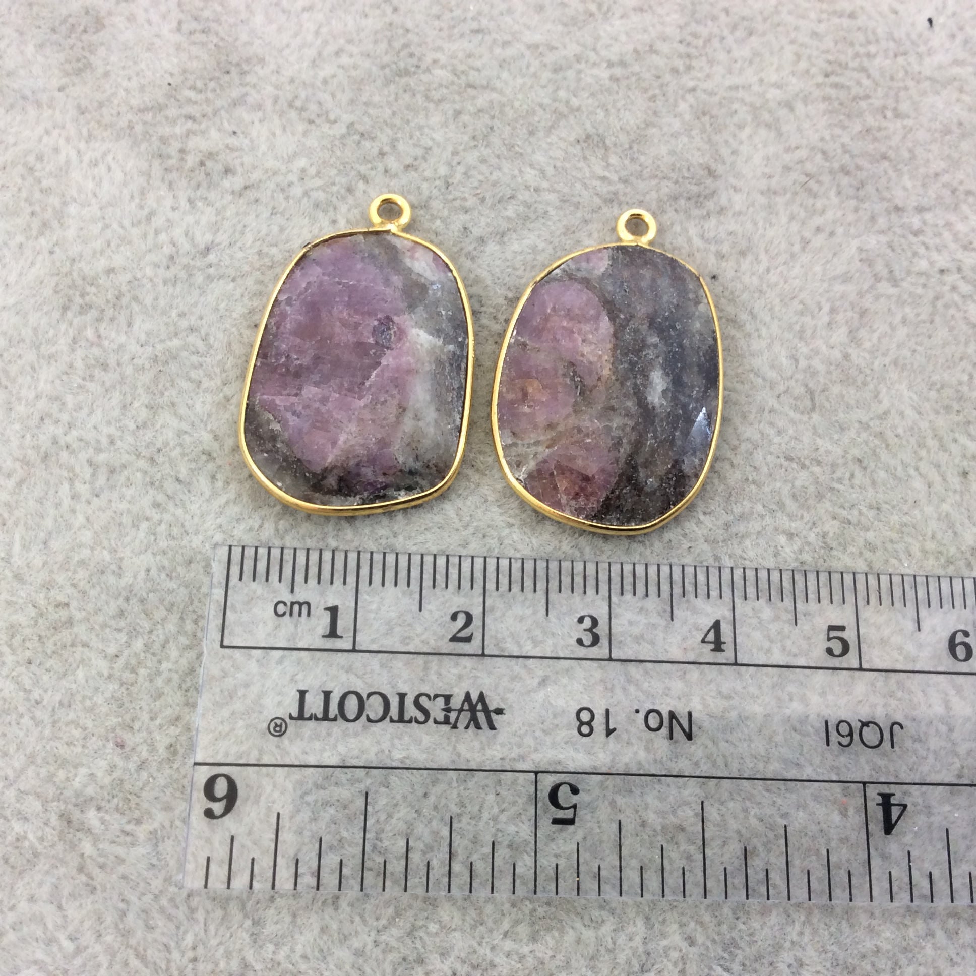 One Pair of OOAK Gold Finish Faceted Ruby in Feldspar Freeform Shaped Bezel Pendants "RP14"- Measuring 18mm x 26mm - Natural Gemstone