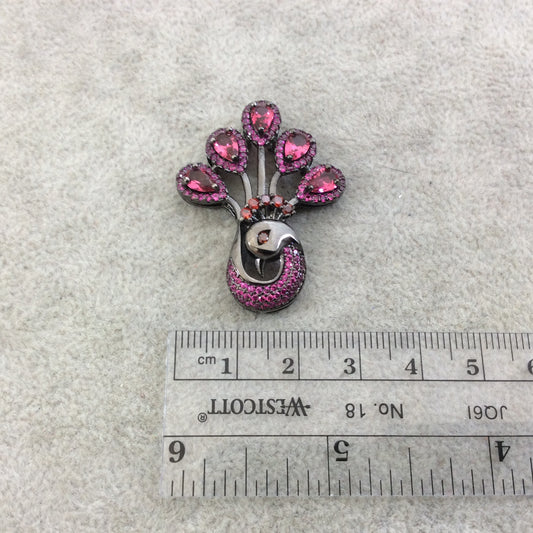 Pink Cubic Zirconia Peacock Slider - 30mm x 38mm - Gunmetal - Sold Individually - CZ Peacock Slider Bead in Gunmetal