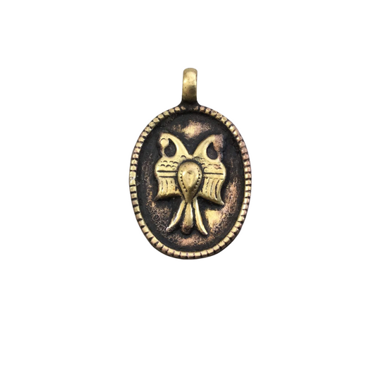 Antiqued Gold Oval Bow Pendant - Rustic Ribbon Charm with Attached Ring - Vintage 21x28mm Copper Jewelry (Oxidized Gold Plated)