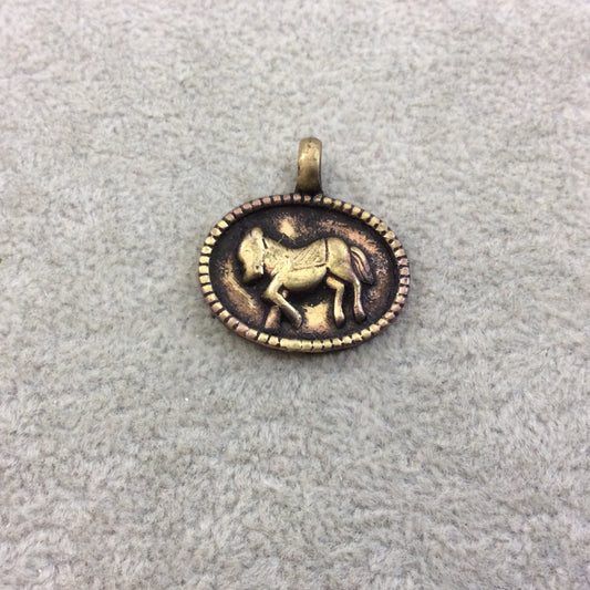 1" Oxidized Gold Plated Rustic Cast Donkey/Mule Icon Copper Oval Shaped Pendant with Attached Ring  - 19mm x 24mm, Approximately