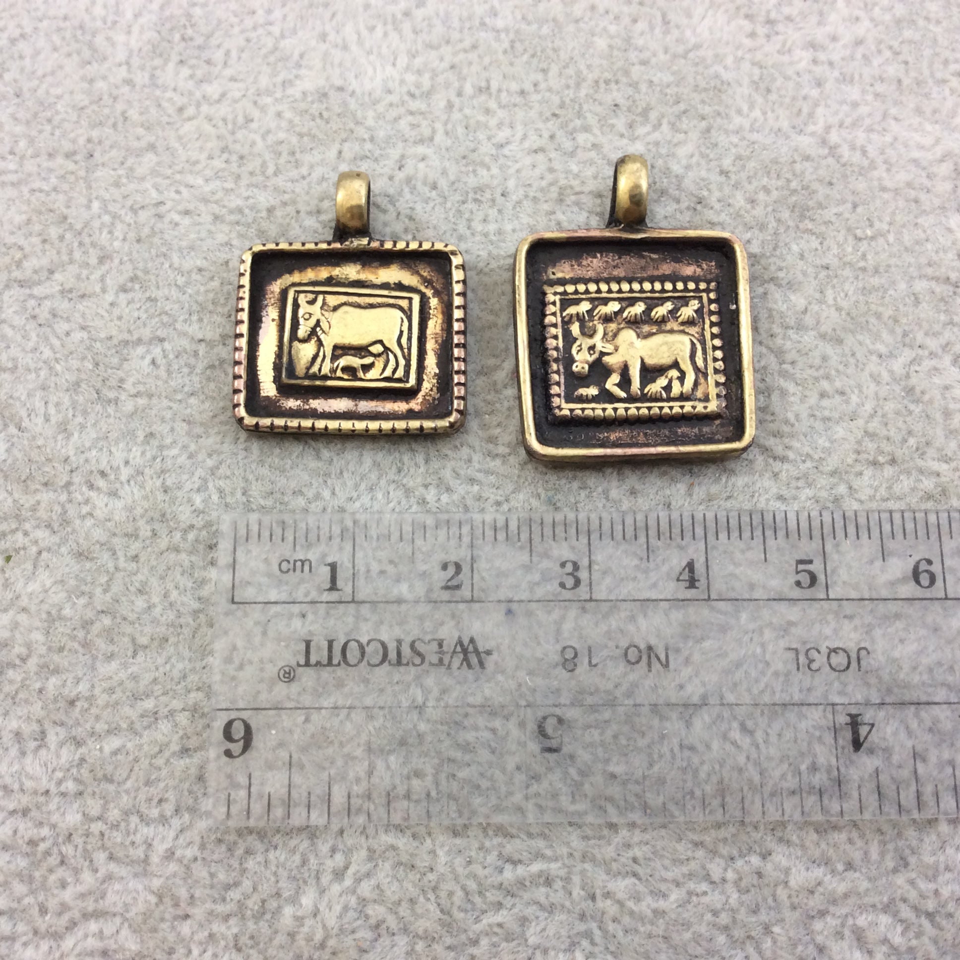 1" Oxidized Gold Plated Rustic Cast Cow/Ox Icon Copper Rectangle or Square Pendant with Attached Ring  - Two Sizes/Shapes Available!