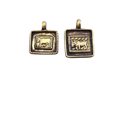1" Oxidized Gold Plated Rustic Cast Cow/Ox Icon Copper Rectangle or Square Pendant with Attached Ring  - Two Sizes/Shapes Available!