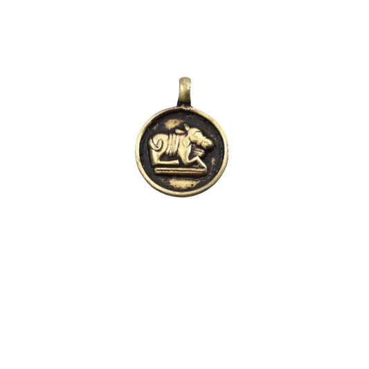 1" Oxidized Gold Plated Rustic Cast Sitting Cow Icon Copper Round/Coin/Disc Pendant with Attached Ring  - 22mm Diameter, Approximately