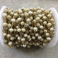 Brass Plated Copper Wrapped Rosary Chain with 6mm Faceted Opaque Ivory White Glass Crystal Rondelle Beads - Sold by the Foot (RC46-072-BR)