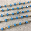 Brass Plated Copper Wrapped Rosary Chain with 6mm Faceted Opaque Dk. Turquoise Glass Crystal Rondelle Beads - By the Foot (RC46-056B-BR)