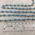 Brass Plated Copper Wrapped Rosary Chain with 6mm Faceted Opaque Dk. Turquoise Glass Crystal Rondelle Beads - By the Foot (RC46-056B-BR)