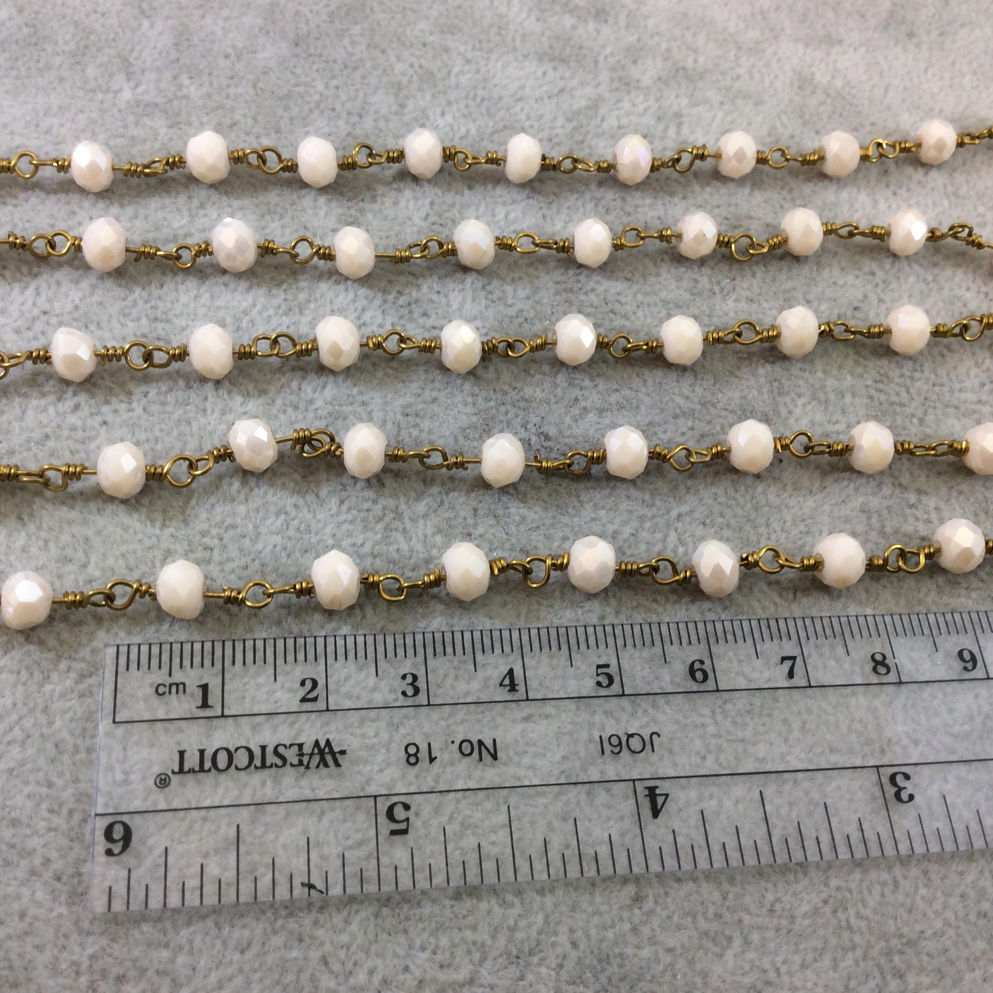 Dark Gold Plated Copper Wrapped Rosary Chain with 6mm Faceted Opaque AB Pale Peach Glass Crystal Rondelle Beads  By the Foot (RC46-066AB-DG)