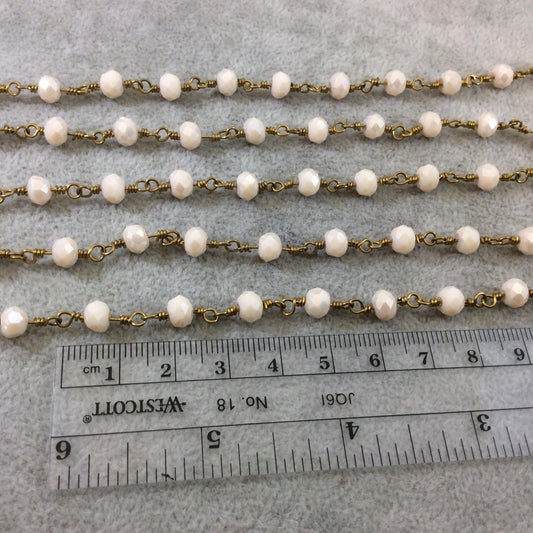 Dark Gold Plated Copper Wrapped Rosary Chain with 6mm Faceted Opaque AB Pale Peach Glass Crystal Rondelle Beads  By the Foot (RC46-066AB-DG)