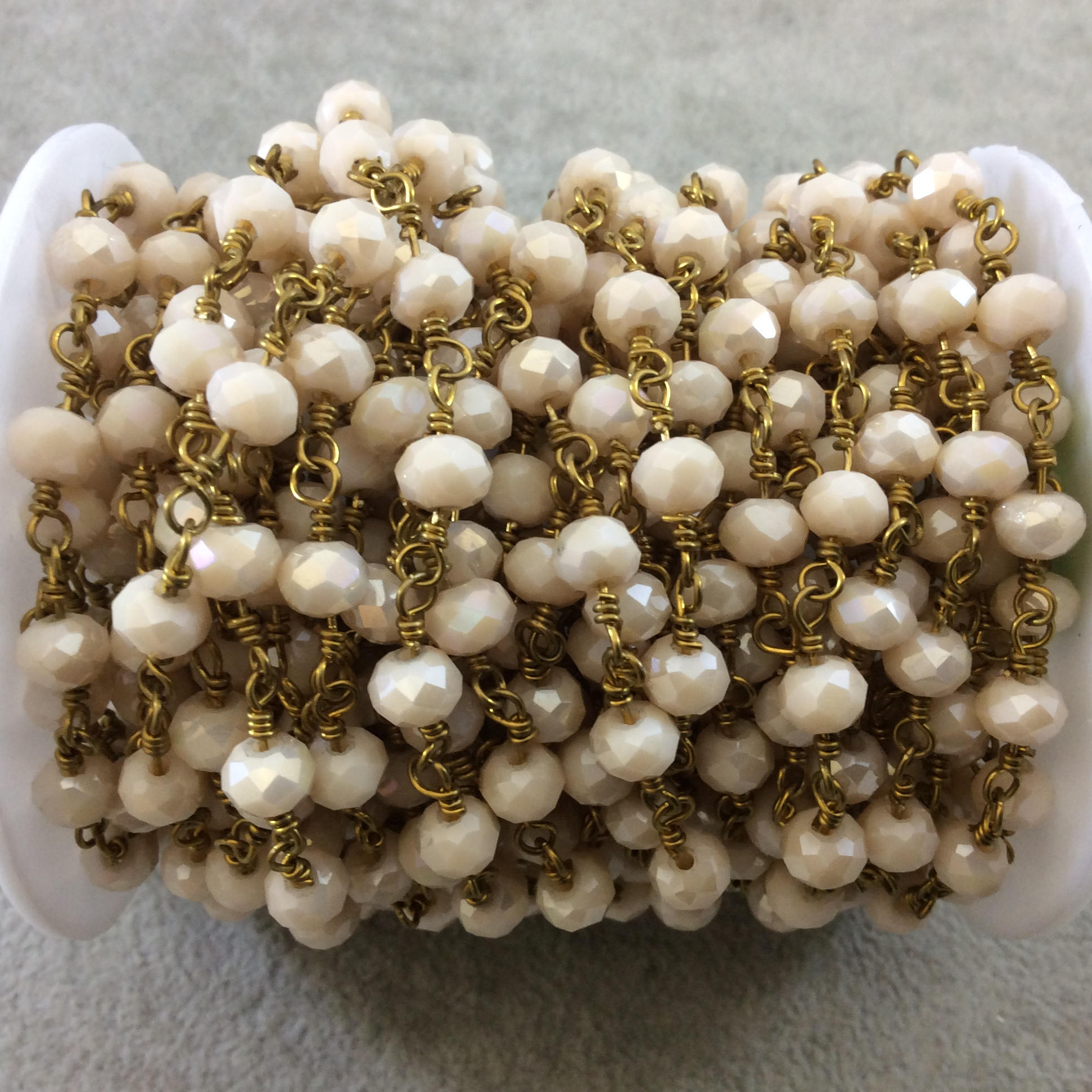 Dark Gold Plated Copper Wrapped Rosary Chain with 6mm Faceted Opaque AB Pale Peach Glass Crystal Rondelle Beads  By the Foot (RC46-066AB-DG)