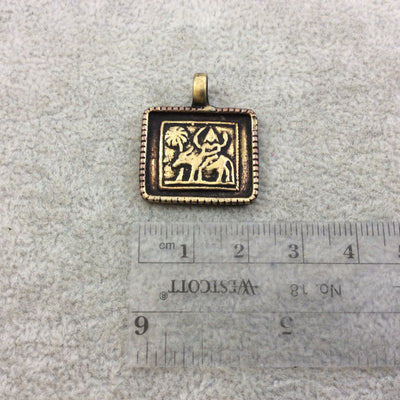 1" Oxidized Gold Plated Rustic 'Shiva Riding Bull' Copper Rectangle God/Deity Pendant with Attached Ring  - 20mm x  18mm, Approximately