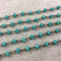 Gunmetal Plated Copper Wrapped Rosary Chain with 6mm Faceted Opaque Teal Green Glass Crystal Rondelle Beads - By the Foot (RC46-046-GM)