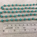 Gunmetal Plated Copper Wrapped Rosary Chain with 6mm Faceted Opaque Teal Green Glass Crystal Rondelle Beads - By the Foot (RC46-046-GM)