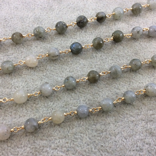 Gold Plated Copper Wrapped Rosary Chain with 6mm Smooth Natural Iridescent Labradorite Round Shaped Beads - Sold by the foot! (CH308-GD)