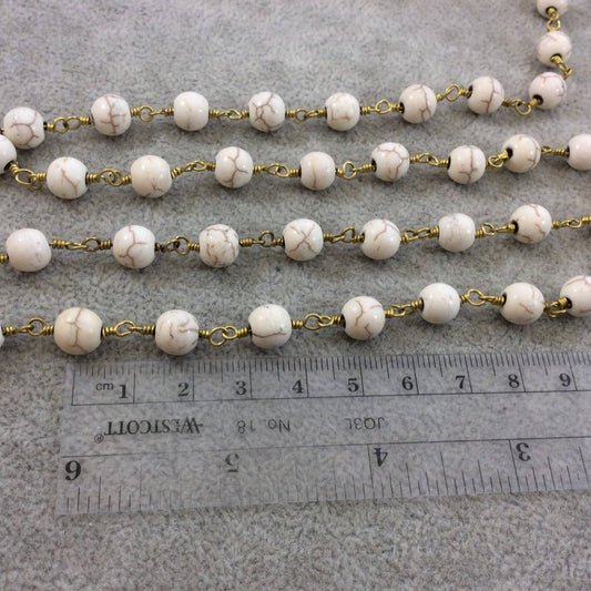 Gold Plated Copper Wrapped Rosary Chain with 8mm Smooth Natural Off White Howlite Round Shaped Beads - Sold by the foot! (CH397-GD)