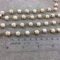Gold Plated Copper Wrapped Rosary Chain with 8mm Smooth Natural Off White Howlite Round Shaped Beads - Sold by the foot! (CH397-GD)
