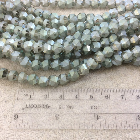 8mm Matte Stripe Glossy Faceted Trans. AB Dark Sage Green Glass Crystal Round/Ball Beads - 12.5" Strands (Approx. 45 Beads) - (CC8MS-086)