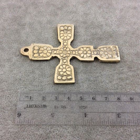 3.5" Heavy Floral Patterned Oxidized Gold Plated Brass Cross Pendant  - Measuring 59mm x 87mm, Approximately - Sold Individually