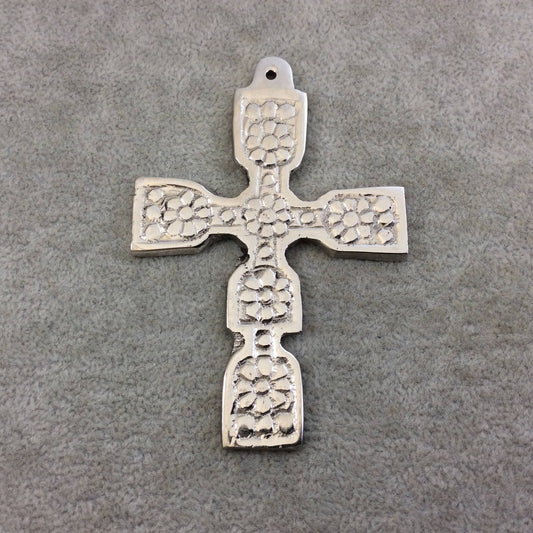 3.5" Heavy Floral Patterned Oxidized Silver Plated Brass Cross Pendant  - Measuring 59mm x 87mm, Approximately - Sold Individually
