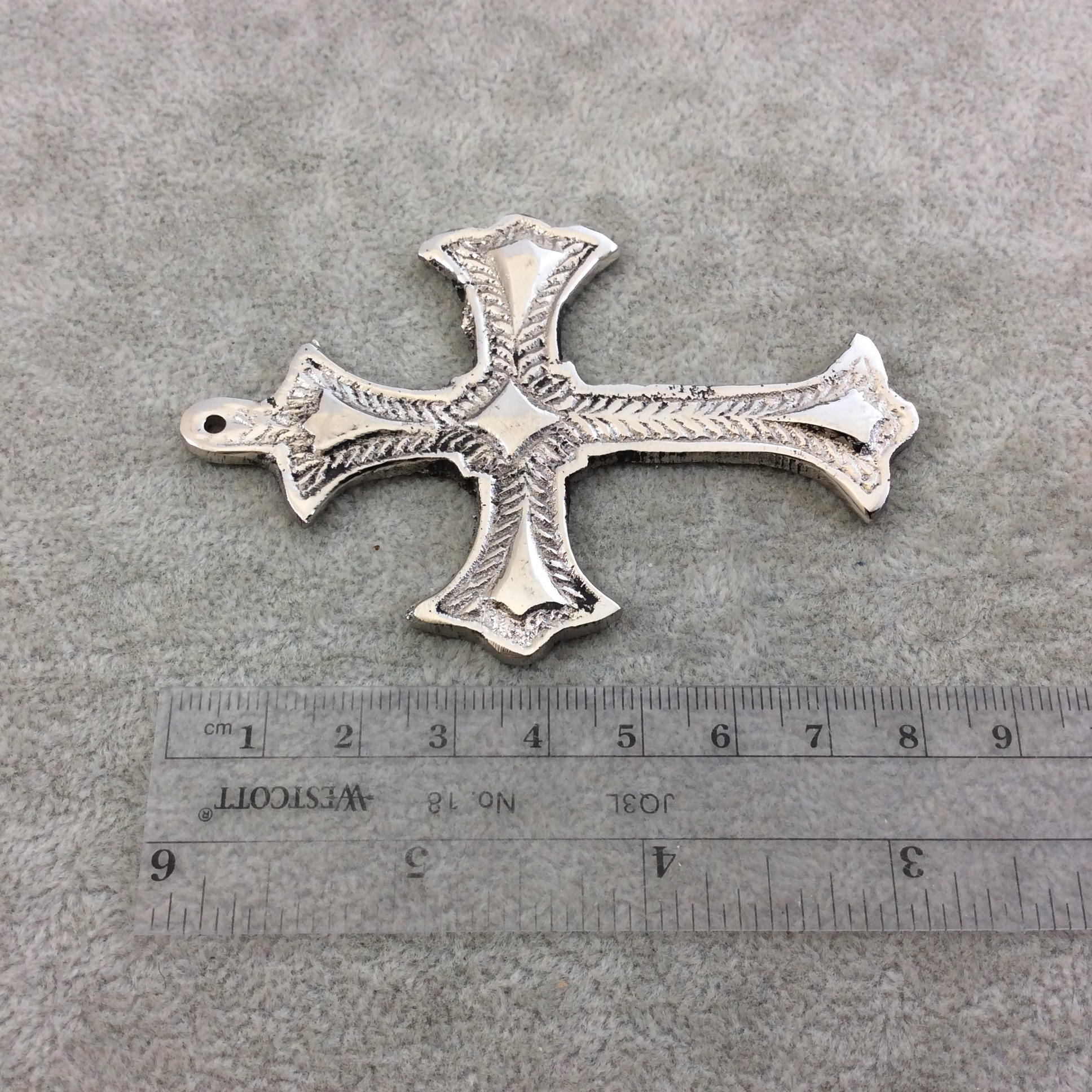 3.5" Heavy Diamond Patterned Oxidized Silver Plated Brass Cross Pendant  - Measuring 58mm x 86mm, Approximately - Sold Individually