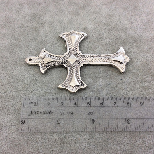3.5" Heavy Diamond Patterned Oxidized Silver Plated Brass Cross Pendant  - Measuring 58mm x 86mm, Approximately - Sold Individually