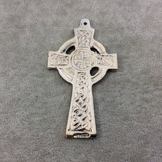 3.5" Heavy Knot Patterned Oxidized Silver Plated Brass Cross Pendant  - Measuring 49mm x 86mm, Approximately - Sold Individually
