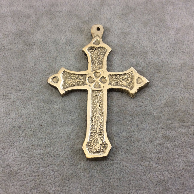 3.5" Heavy Clover Patterned Oxidized Gold Plated Brass Cross Pendant  - Measuring 62mm x 87mm, Approximately - Sold Individually