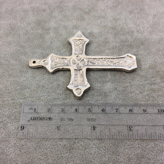 3.5" Heavy Clover Patterned Oxidized Silver Plated Brass Cross Pendant  - Measuring 62mm x 87mm, Approximately - Sold Individually