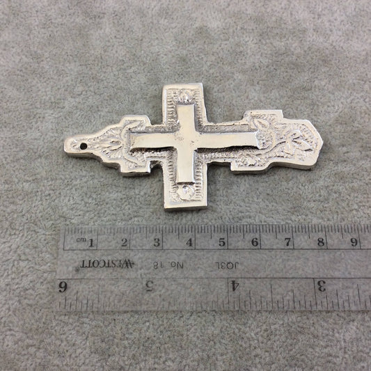 3.25" Heavy Embossed Patterned Oxidized Silver Plated Brass Cross Pendant  - Measuring 45mm x 84mm, Approximately - Sold Individually