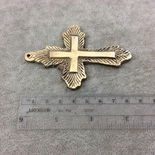 3.25" Heavy Line Burst Patterned Oxidized Gold Plated Brass Cross Pendant  - Measuring 58mm x 87mm, Approximately - Sold Individually