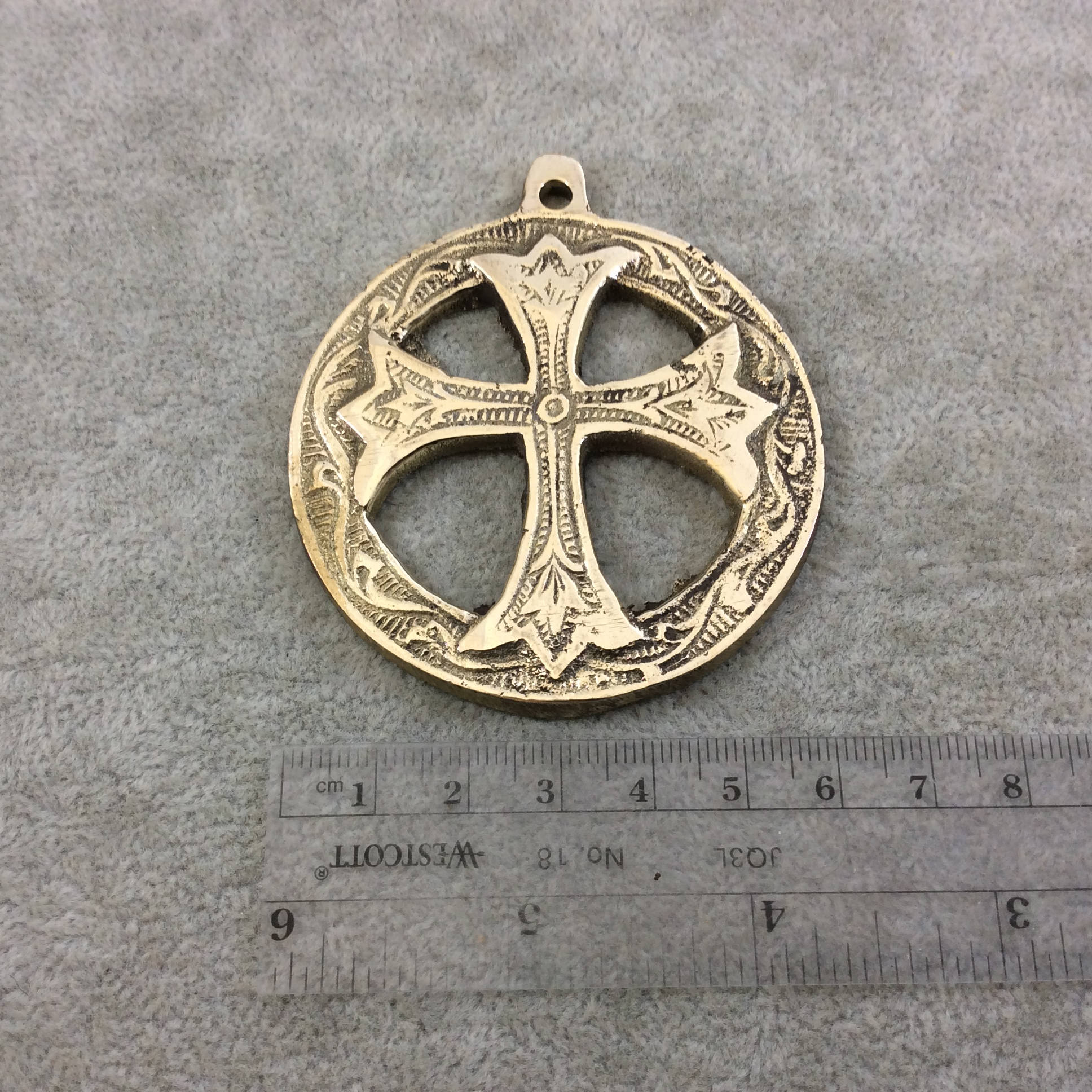 2.5" Heavy Circular Cross Patterned Oxidized Gold Plated Brass Medallion Pendant  - Measuring 62mm, Approx. - Sold Individually