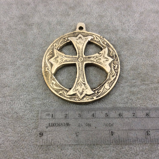 2.5" Heavy Circular Cross Patterned Oxidized Gold Plated Brass Medallion Pendant  - Measuring 62mm, Approx. - Sold Individually