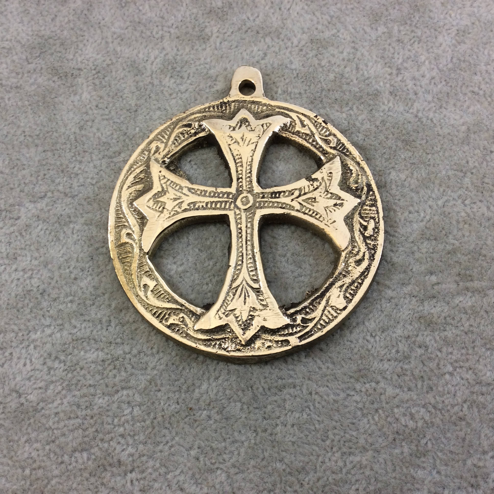 2.5" Heavy Circular Cross Patterned Oxidized Gold Plated Brass Medallion Pendant  - Measuring 62mm, Approx. - Sold Individually