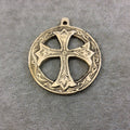 2.5" Heavy Circular Cross Patterned Oxidized Gold Plated Brass Medallion Pendant  - Measuring 62mm, Approx. - Sold Individually