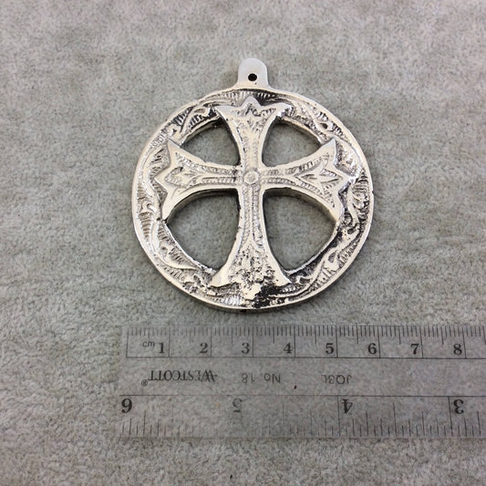 2.5" Heavy Circular Cross Patterned Oxidized Silver Plated Brass Medallion Pendant  - Measuring 62mm, Approx. - Sold Individually
