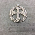 2.5" Heavy Circular Cross Patterned Oxidized Silver Plated Brass Medallion Pendant  - Measuring 62mm, Approx. - Sold Individually