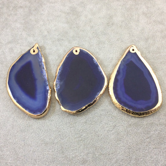 Gold Electroplated Freeform Dyed Banded Blue Agate Focal Pendant 70mm - 80mm Long, Approx. - Sold Individually  - Selected at Random