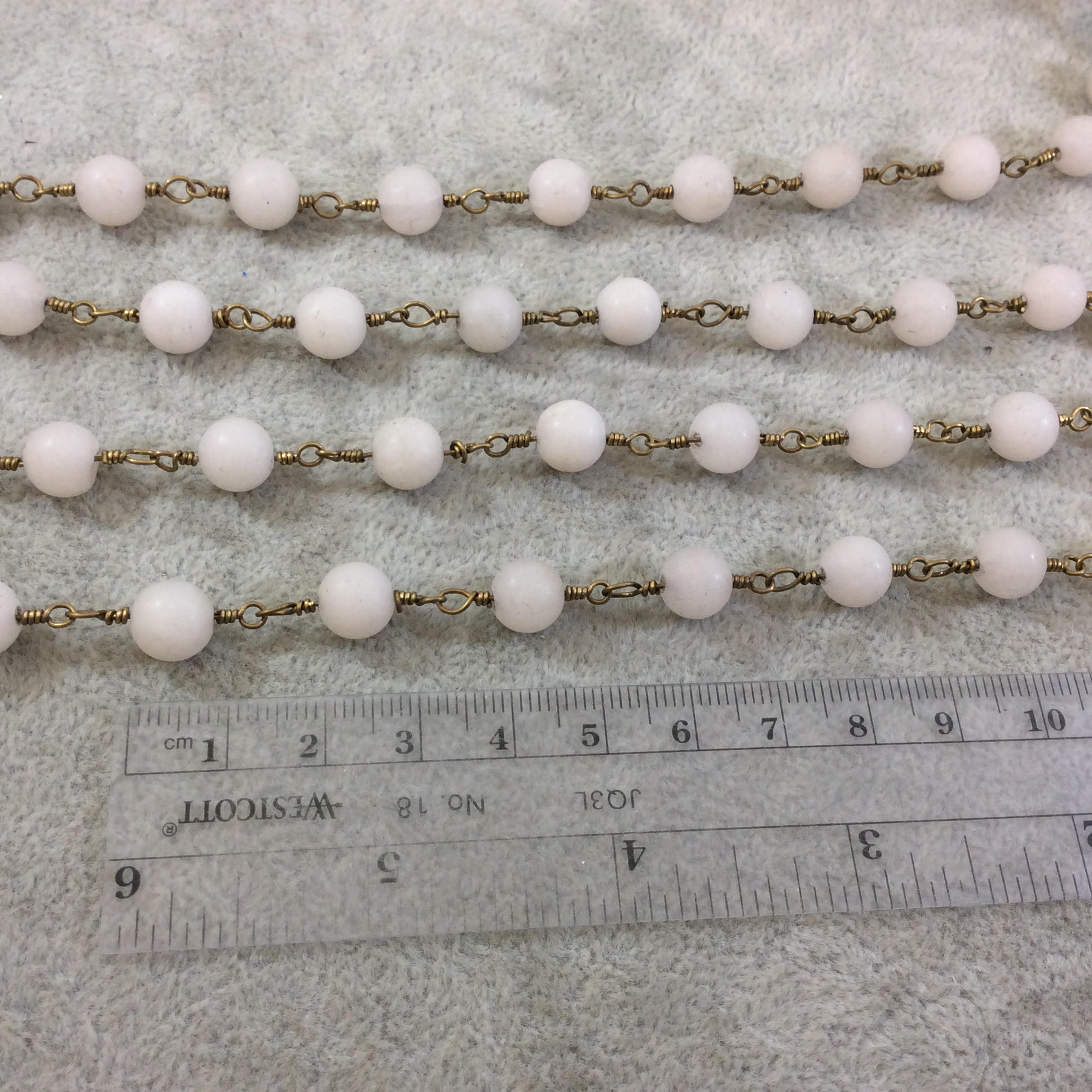 Brass Plated Copper Wrapped Rosary Chain with 8mm Matte Ivory/Off-White Round Shaped Beads - Sold by the foot! (CH419-BR)