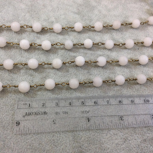 Brass Plated Copper Wrapped Rosary Chain with 8mm Matte Ivory/Off-White Round Shaped Beads - Sold by the foot! (CH419-BR)