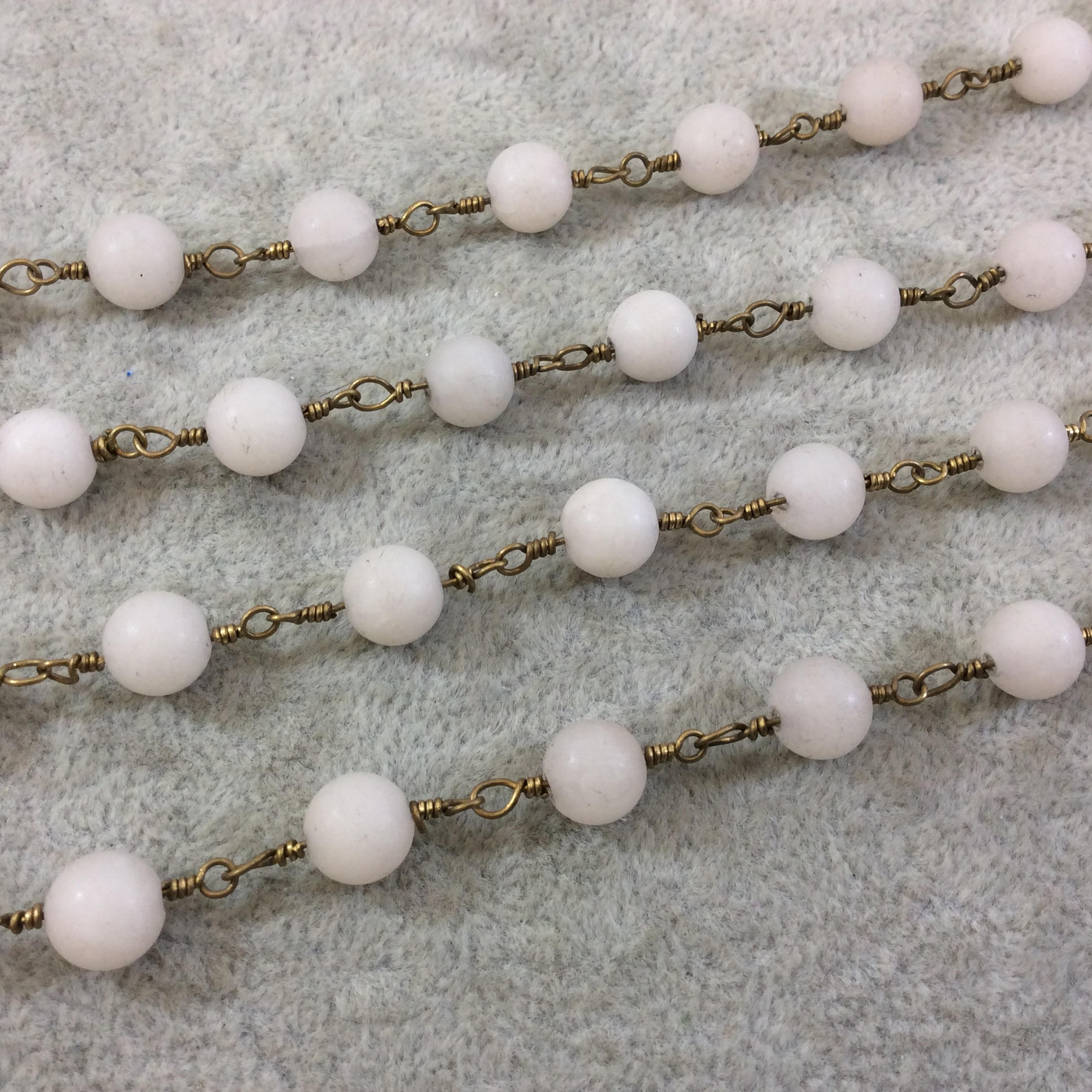 Brass Plated Copper Wrapped Rosary Chain with 8mm Matte Ivory/Off-White Round Shaped Beads - Sold by the foot! (CH419-BR)