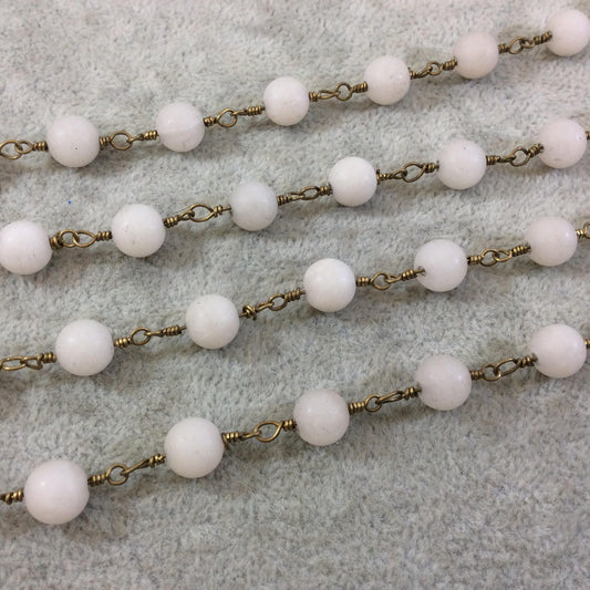 Brass Plated Copper Wrapped Rosary Chain with 8mm Matte Ivory/Off-White Round Shaped Beads - Sold by the foot! (CH419-BR)