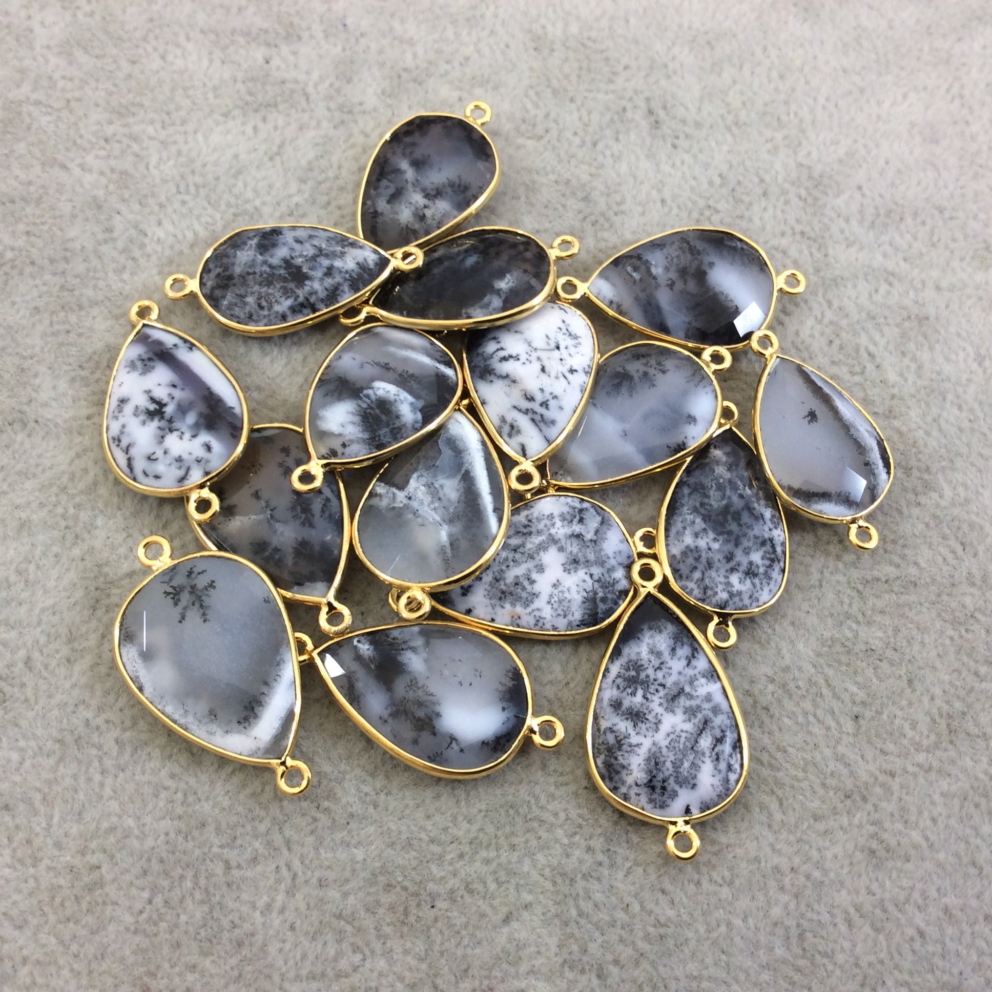 Gold Plated Natural Dendritic Opal Faceted Teardrop Shaped Copper Bezel Connector - 22mm Long, Approx. - Sold Individually, Random!