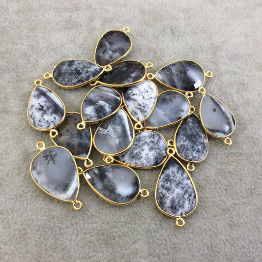 Gold Plated Natural Dendritic Opal Faceted Teardrop Shaped Copper Bezel Connector - 22mm Long, Approx. - Sold Individually, Random!