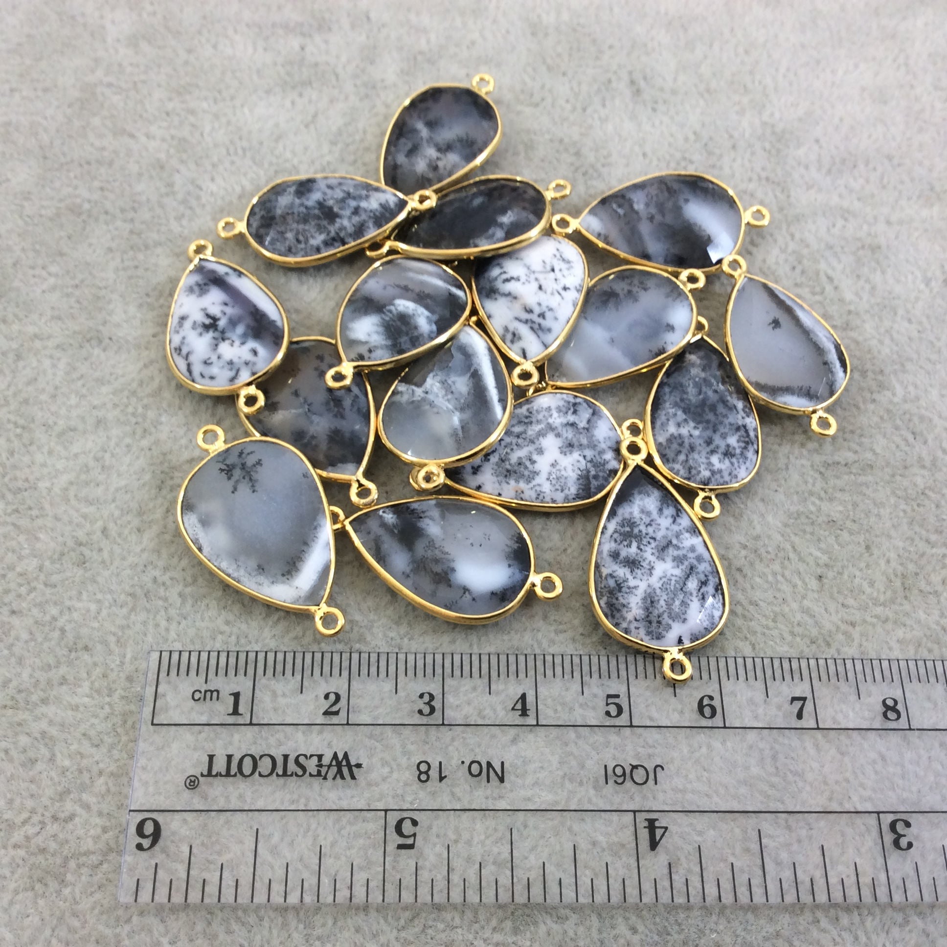 Gold Plated Natural Dendritic Opal Faceted Teardrop Shaped Copper Bezel Connector - 22mm Long, Approx. - Sold Individually, Random!